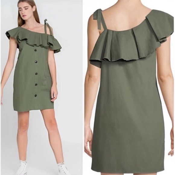 English Factory Sage Green Ruffle Trim Off Shoulder Mini Dress Size Small - Picture 1 of 10